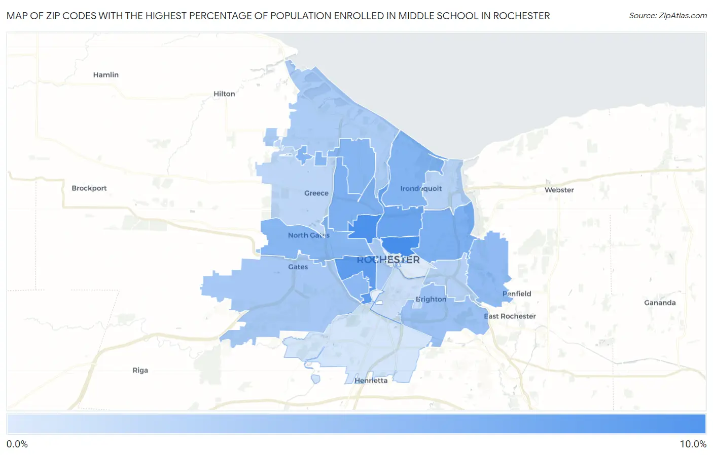 Zip Codes with the Highest Percentage of Population Enrolled in Middle School in Rochester Map
