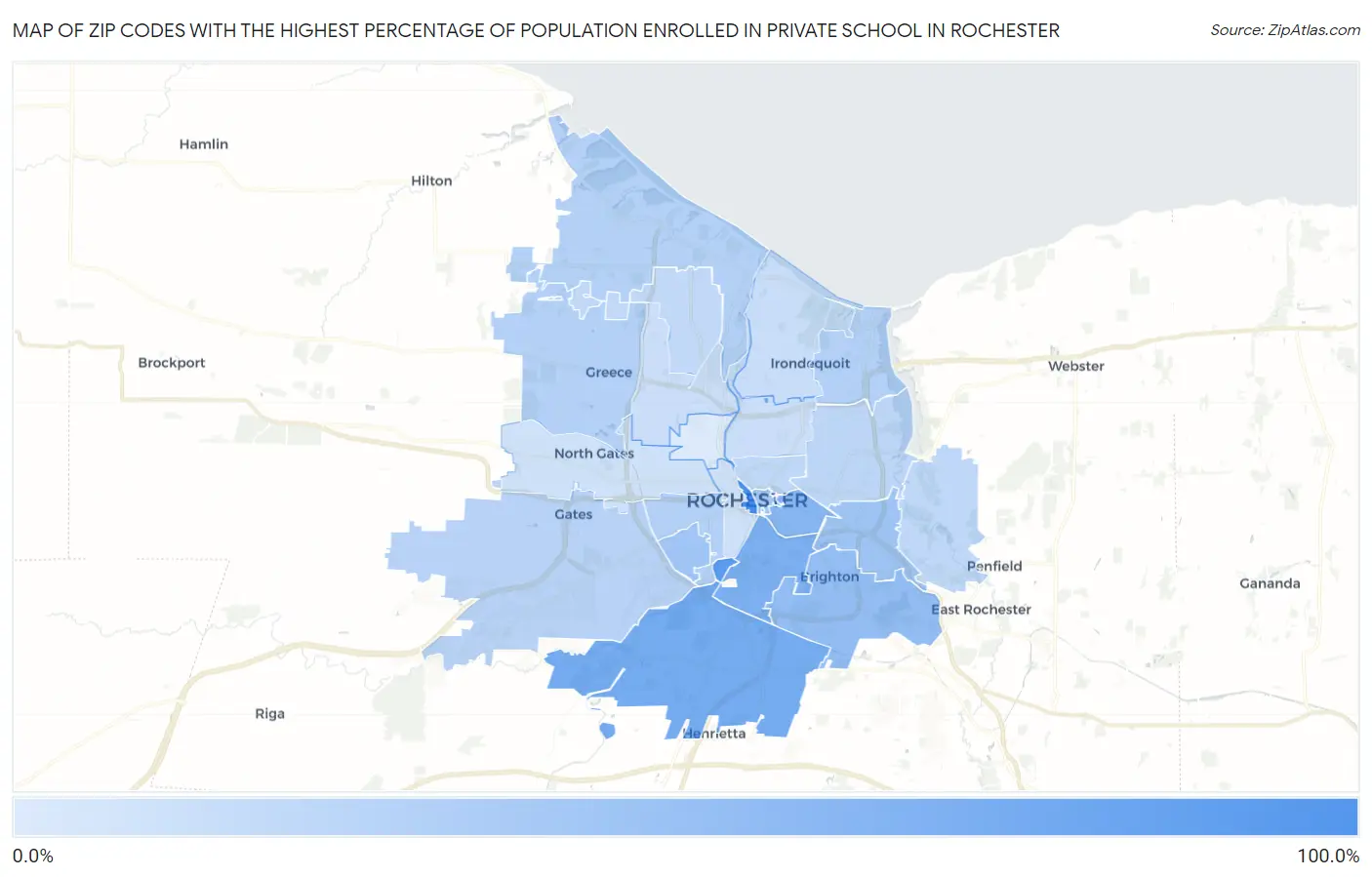 Zip Codes with the Highest Percentage of Population Enrolled in Private School in Rochester Map