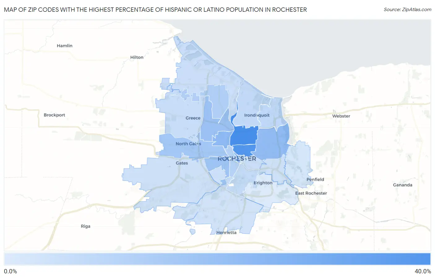 Zip Codes with the Highest Percentage of Hispanic or Latino Population in Rochester Map