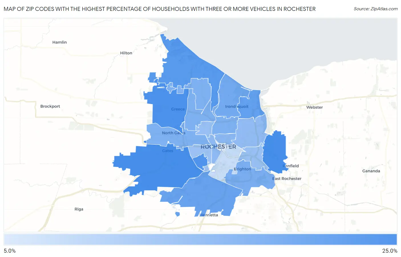 Zip Codes with the Highest Percentage of Households With Three or more Vehicles in Rochester Map
