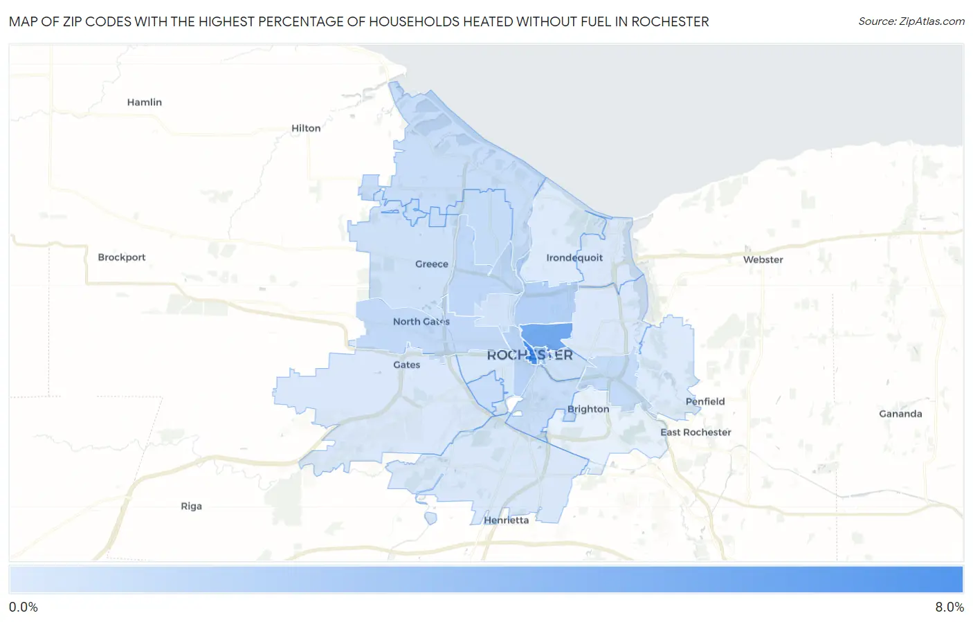 Zip Codes with the Highest Percentage of Households Heated without Fuel in Rochester Map