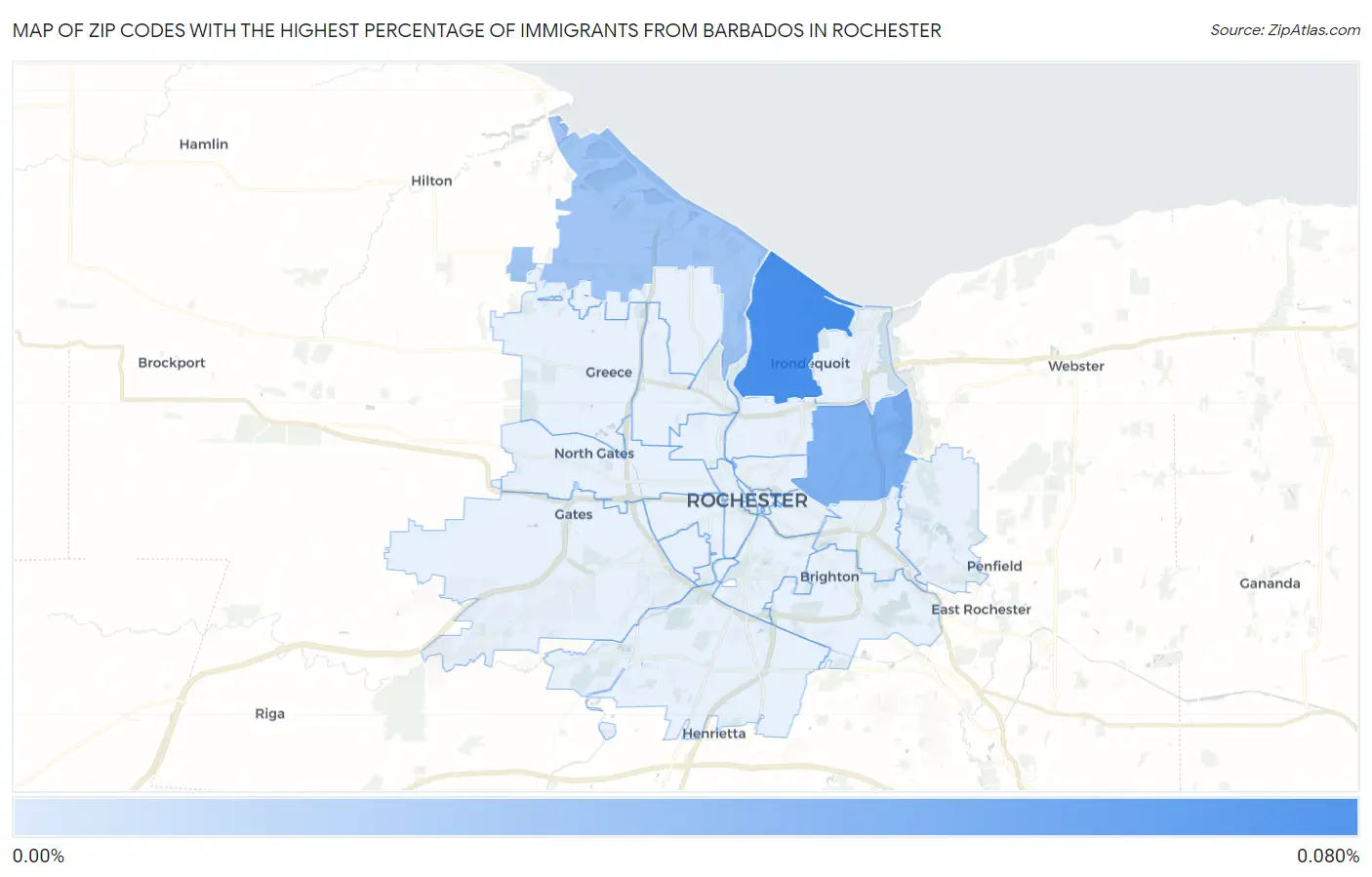 Zip Codes with the Highest Percentage of Immigrants from Barbados in Rochester Map