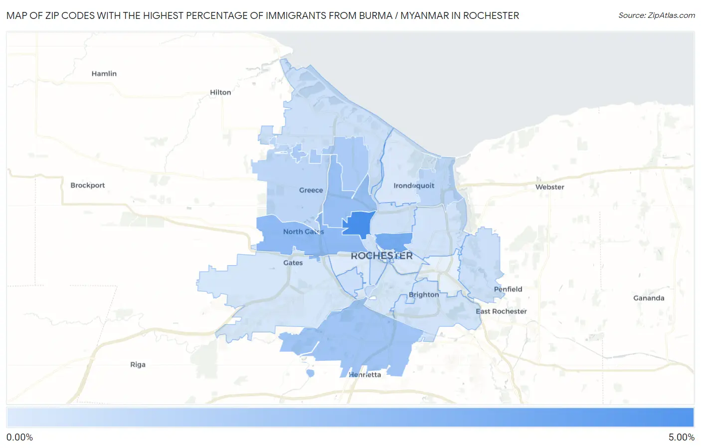 Zip Codes with the Highest Percentage of Immigrants from Burma / Myanmar in Rochester Map