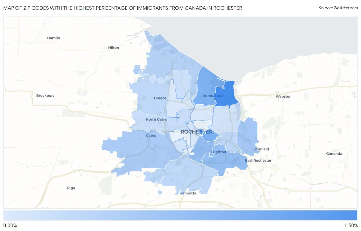 Zip Codes with the Highest Percentage of Immigrants from Canada in Rochester Map