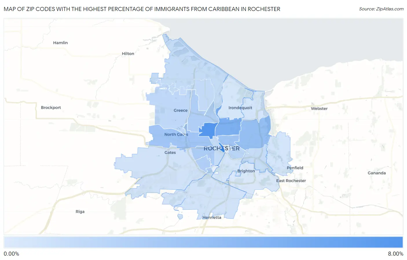 Zip Codes with the Highest Percentage of Immigrants from Caribbean in Rochester Map