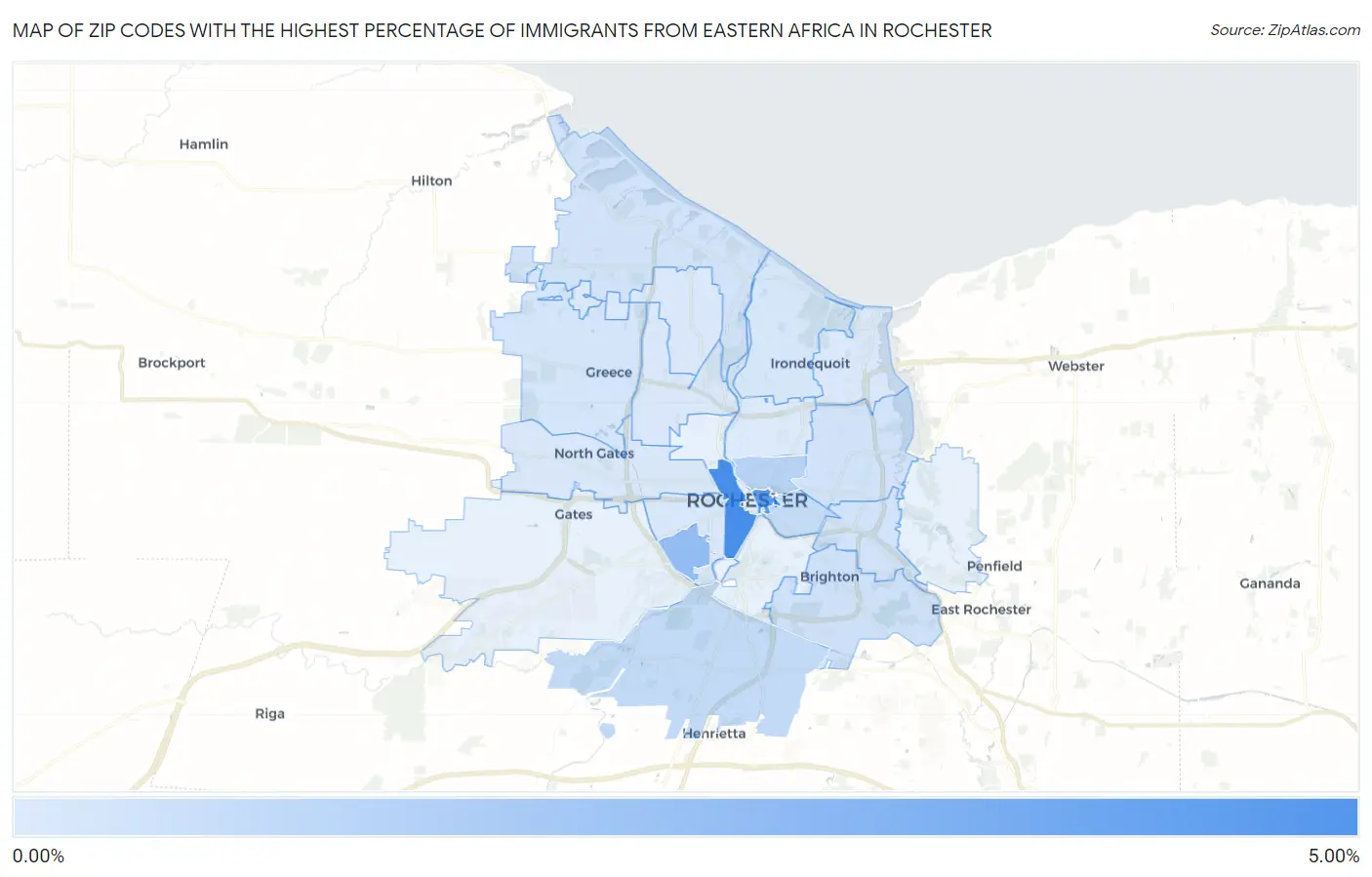 Zip Codes with the Highest Percentage of Immigrants from Eastern Africa in Rochester Map