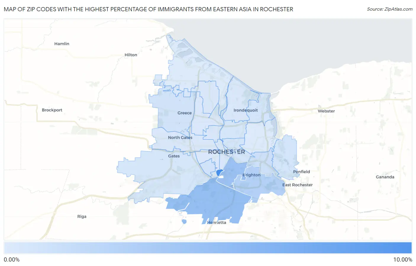 Zip Codes with the Highest Percentage of Immigrants from Eastern Asia in Rochester Map