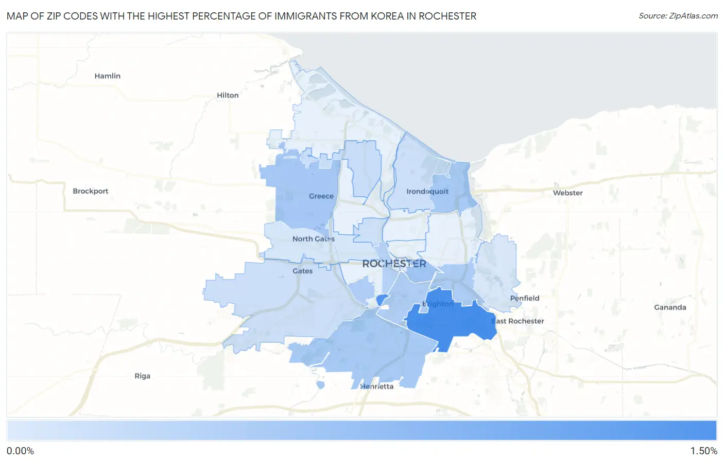 Zip Codes with the Highest Percentage of Immigrants from Korea in Rochester Map