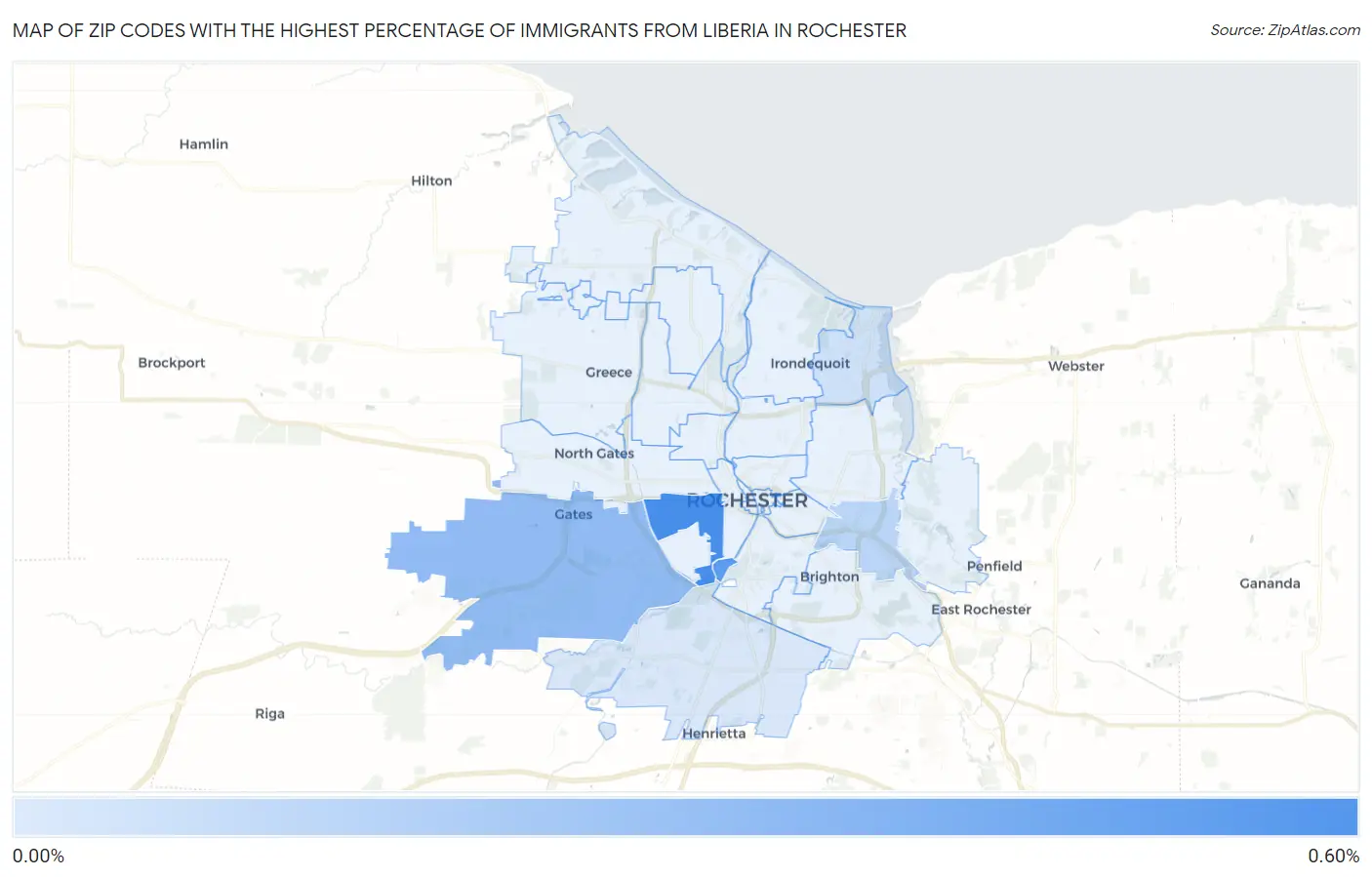 Zip Codes with the Highest Percentage of Immigrants from Liberia in Rochester Map