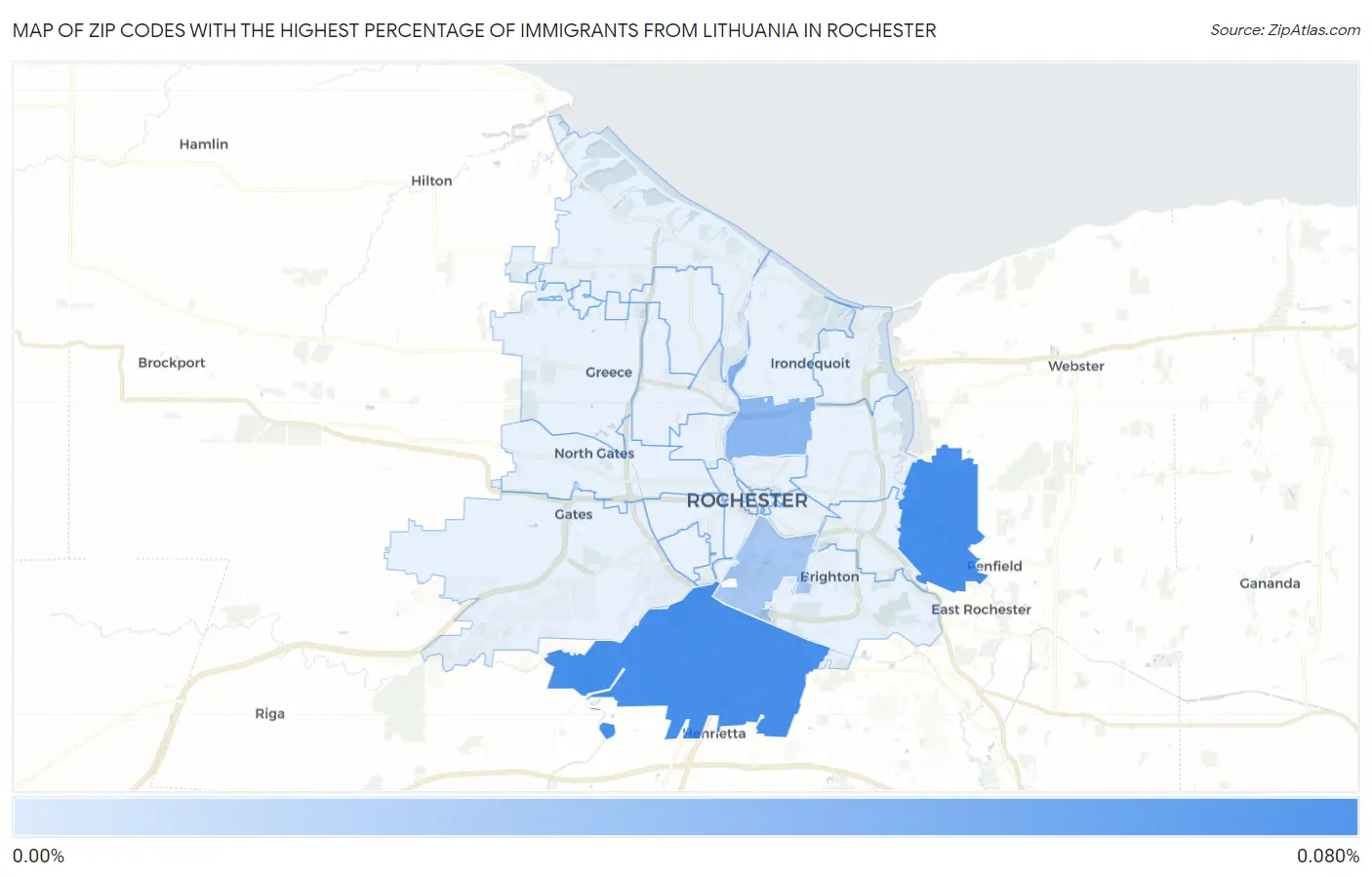 Zip Codes with the Highest Percentage of Immigrants from Lithuania in Rochester Map
