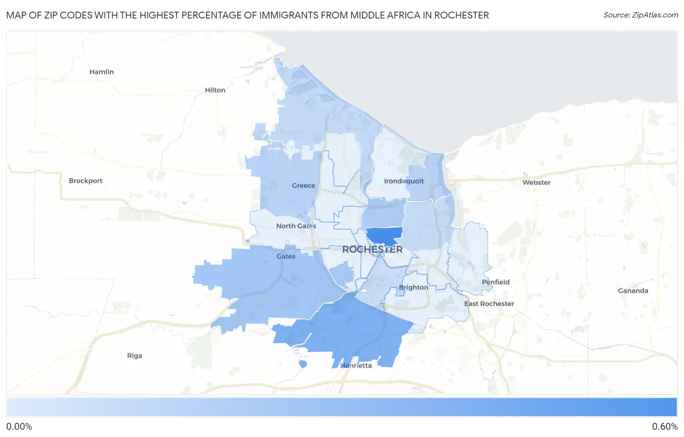 Zip Codes with the Highest Percentage of Immigrants from Middle Africa in Rochester Map