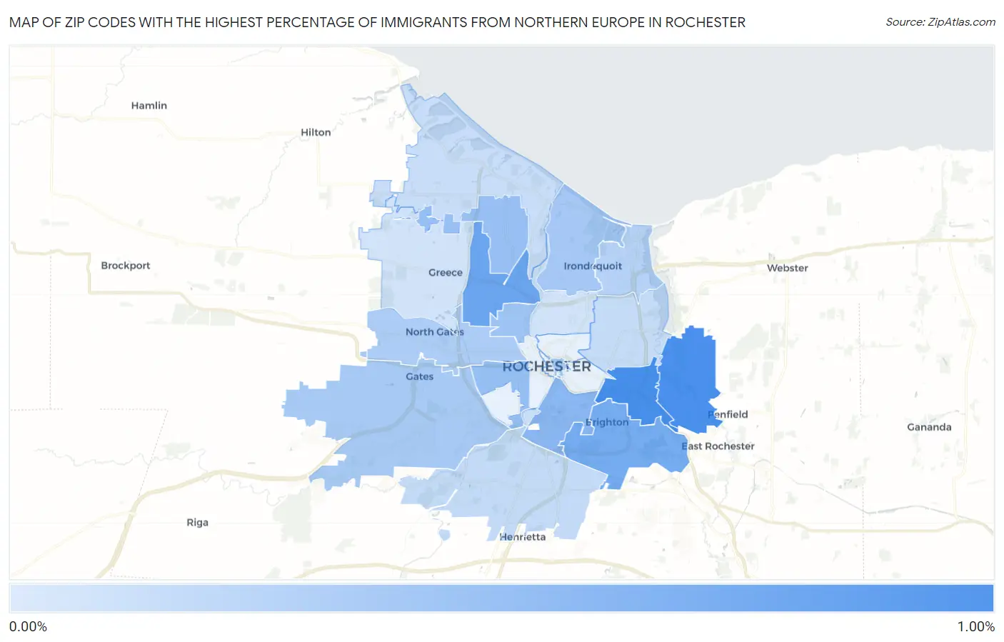 Zip Codes with the Highest Percentage of Immigrants from Northern Europe in Rochester Map