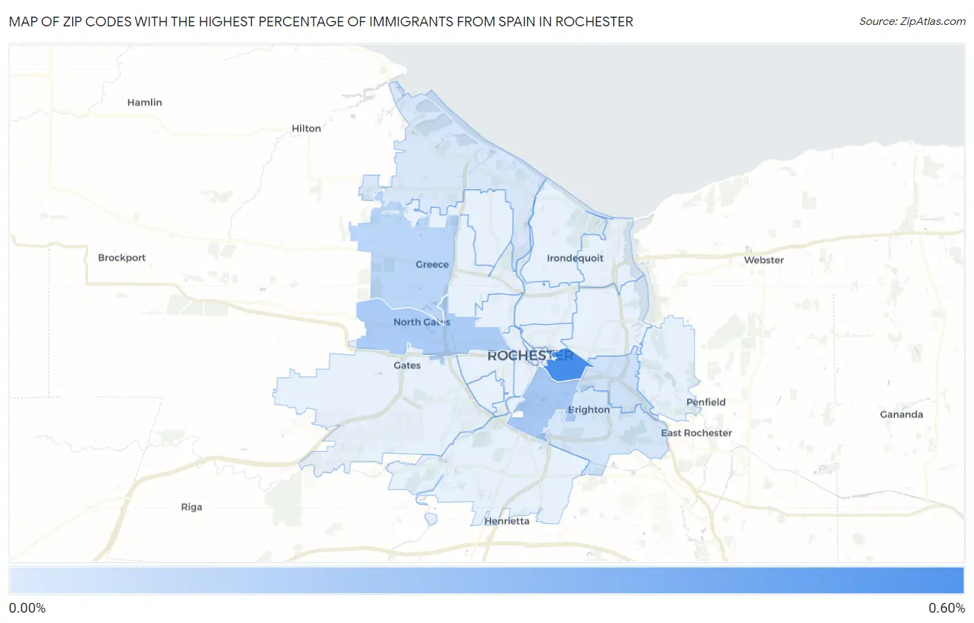 Zip Codes with the Highest Percentage of Immigrants from Spain in Rochester Map
