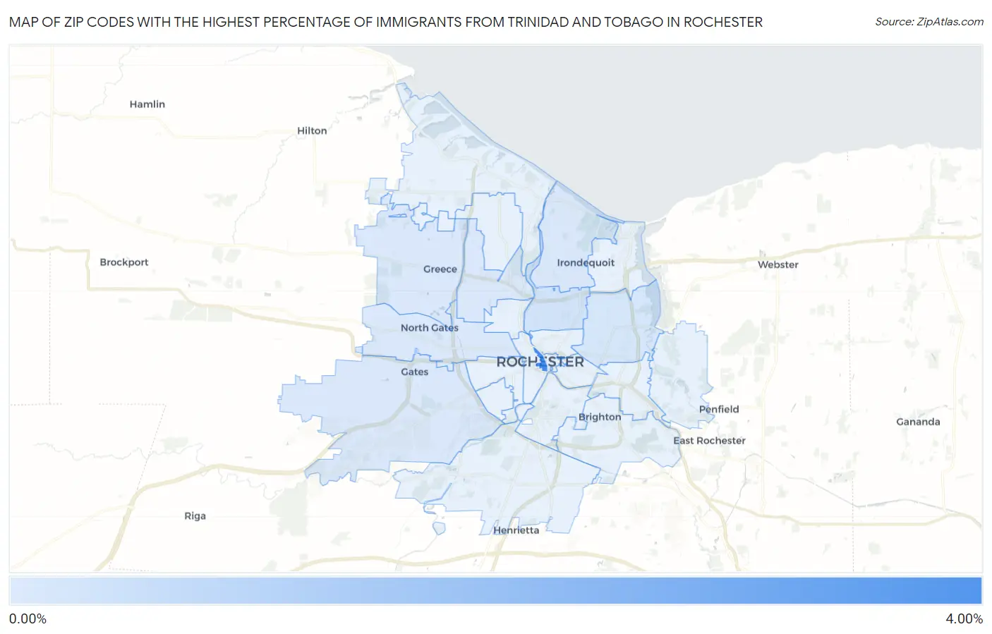 Zip Codes with the Highest Percentage of Immigrants from Trinidad and Tobago in Rochester Map