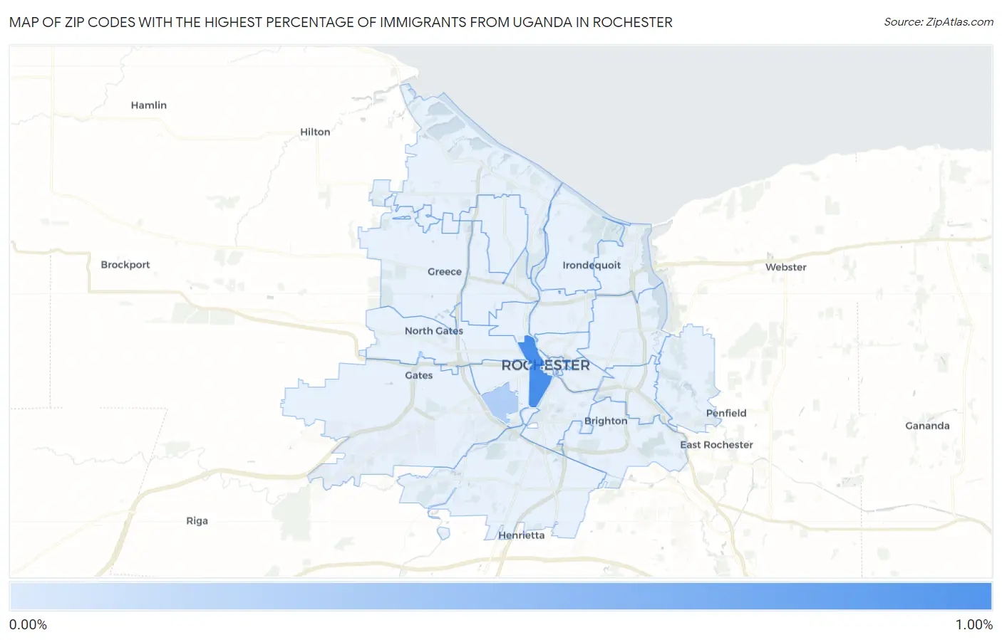 Zip Codes with the Highest Percentage of Immigrants from Uganda in Rochester Map