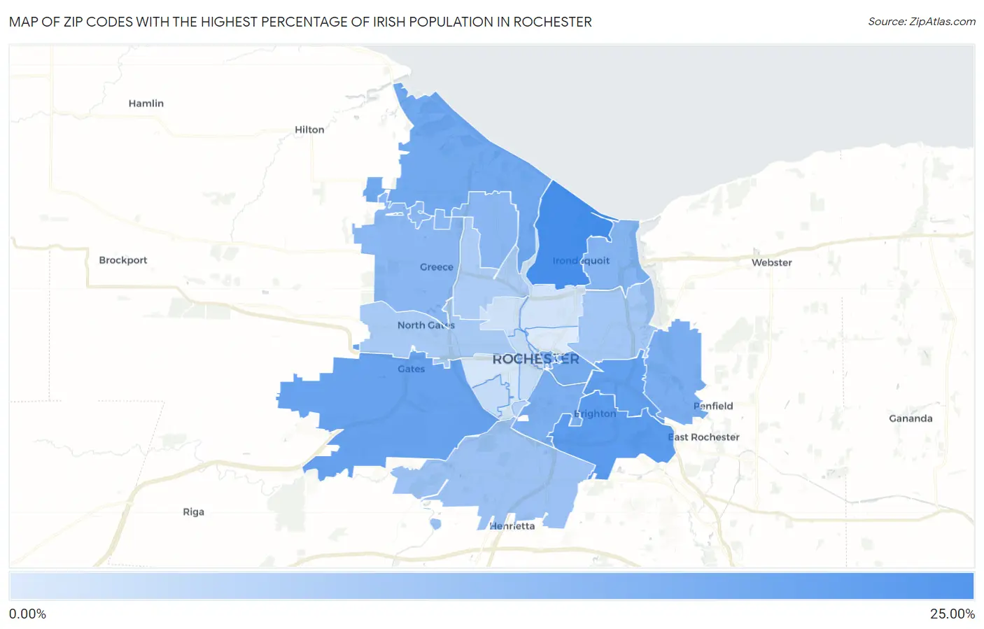 Zip Codes with the Highest Percentage of Irish Population in Rochester Map