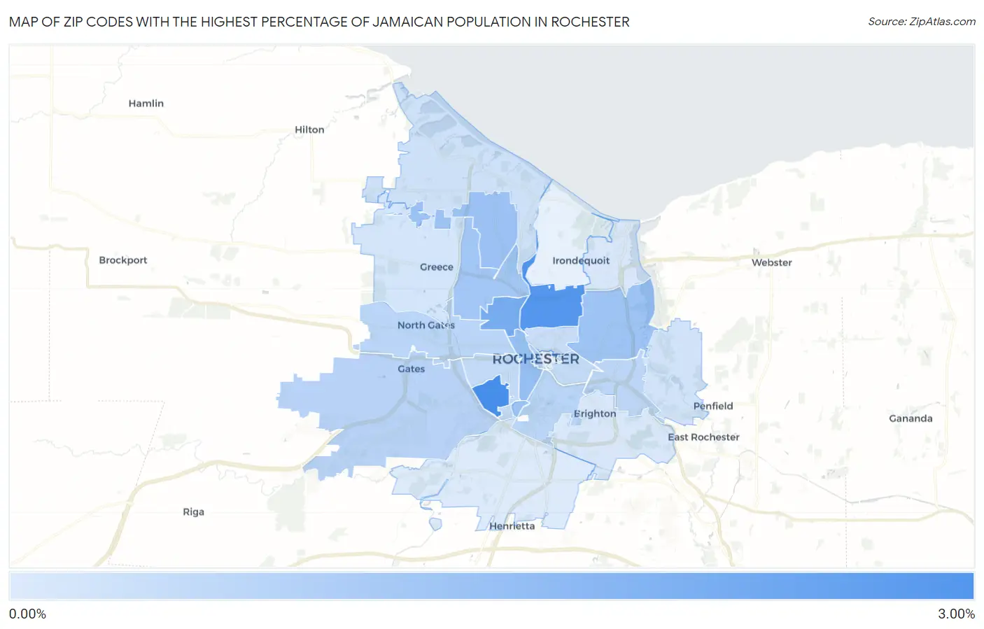 Zip Codes with the Highest Percentage of Jamaican Population in Rochester Map