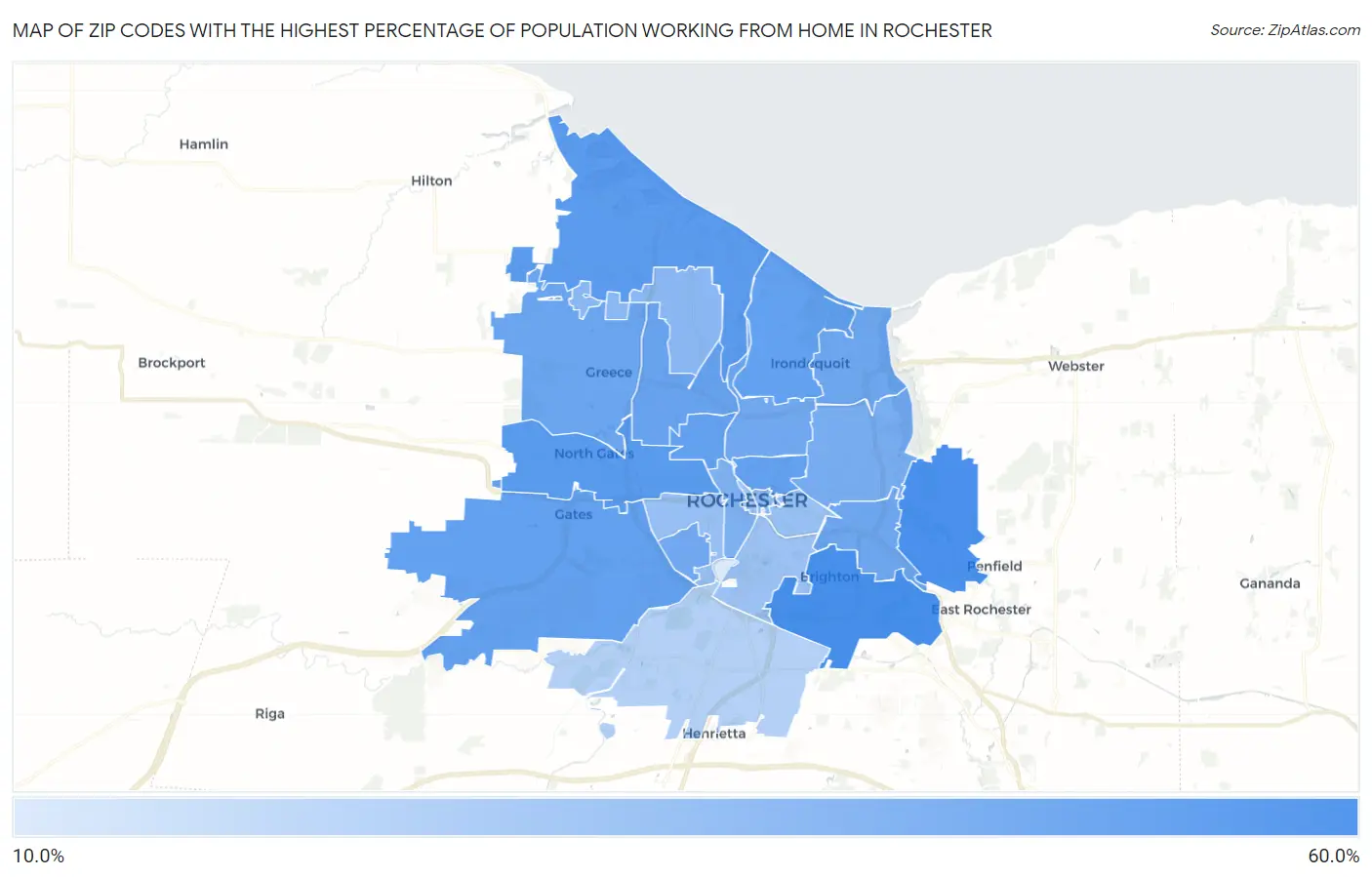 Zip Codes with the Highest Percentage of Population Working from Home in Rochester Map
