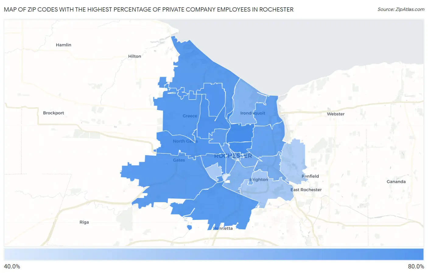 Zip Codes with the Highest Percentage of Private Company Employees in Rochester Map