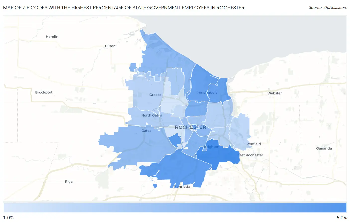 Zip Codes with the Highest Percentage of State Government Employees in Rochester Map