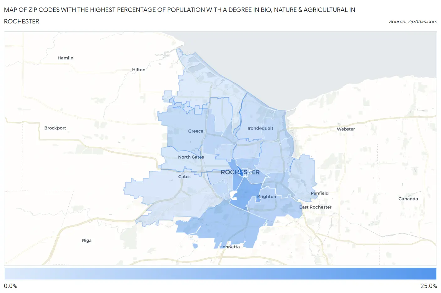 Zip Codes with the Highest Percentage of Population with a Degree in Bio, Nature & Agricultural in Rochester Map