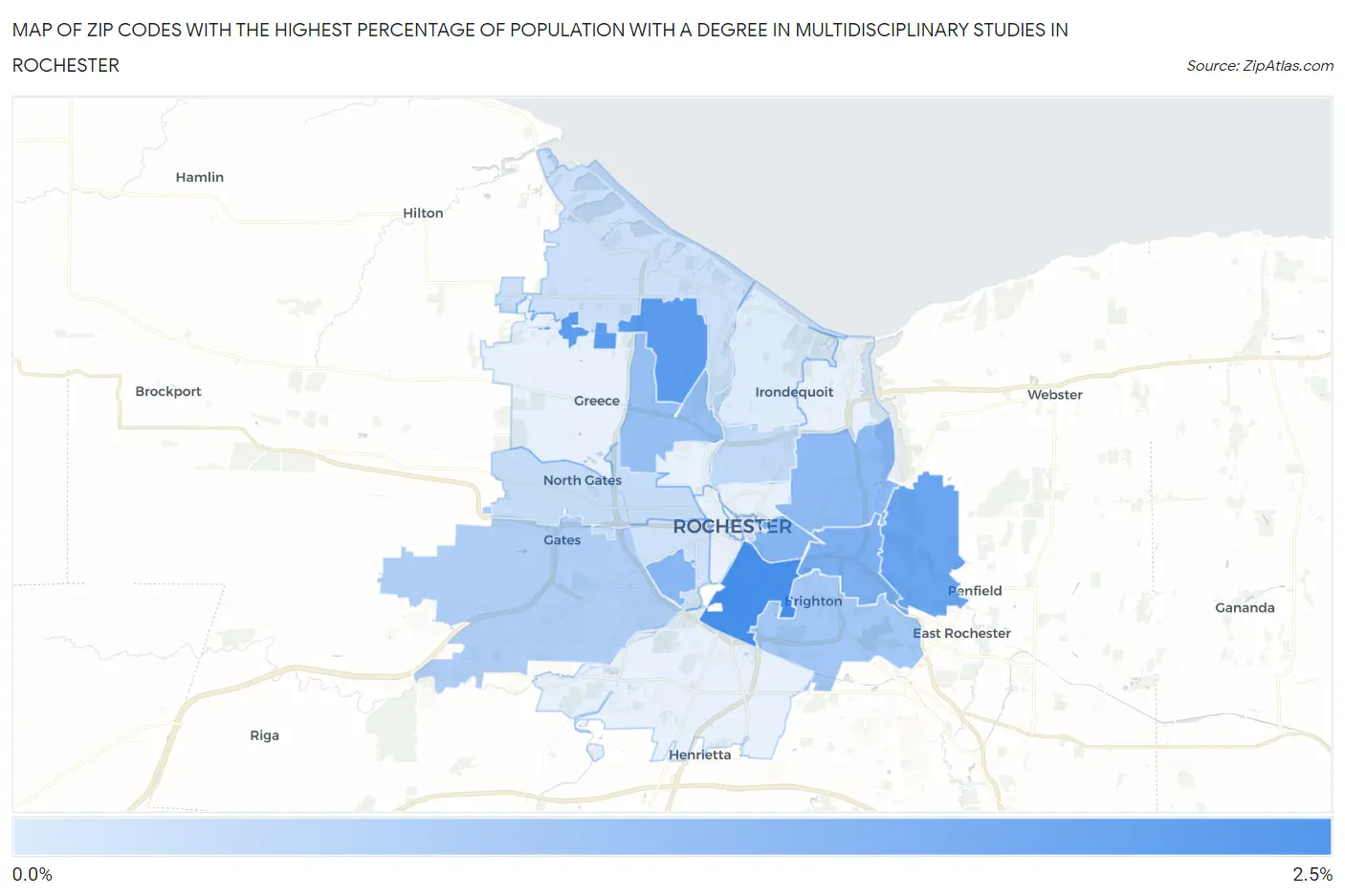 Zip Codes with the Highest Percentage of Population with a Degree in Multidisciplinary Studies in Rochester Map