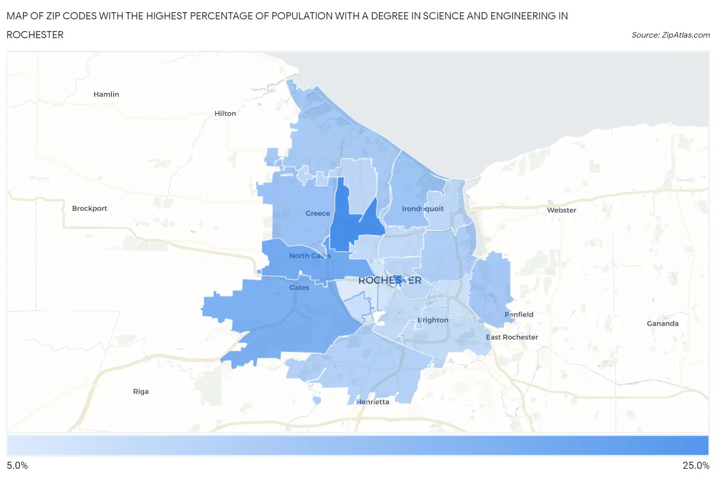 Zip Codes with the Highest Percentage of Population with a Degree in Science and Engineering in Rochester Map