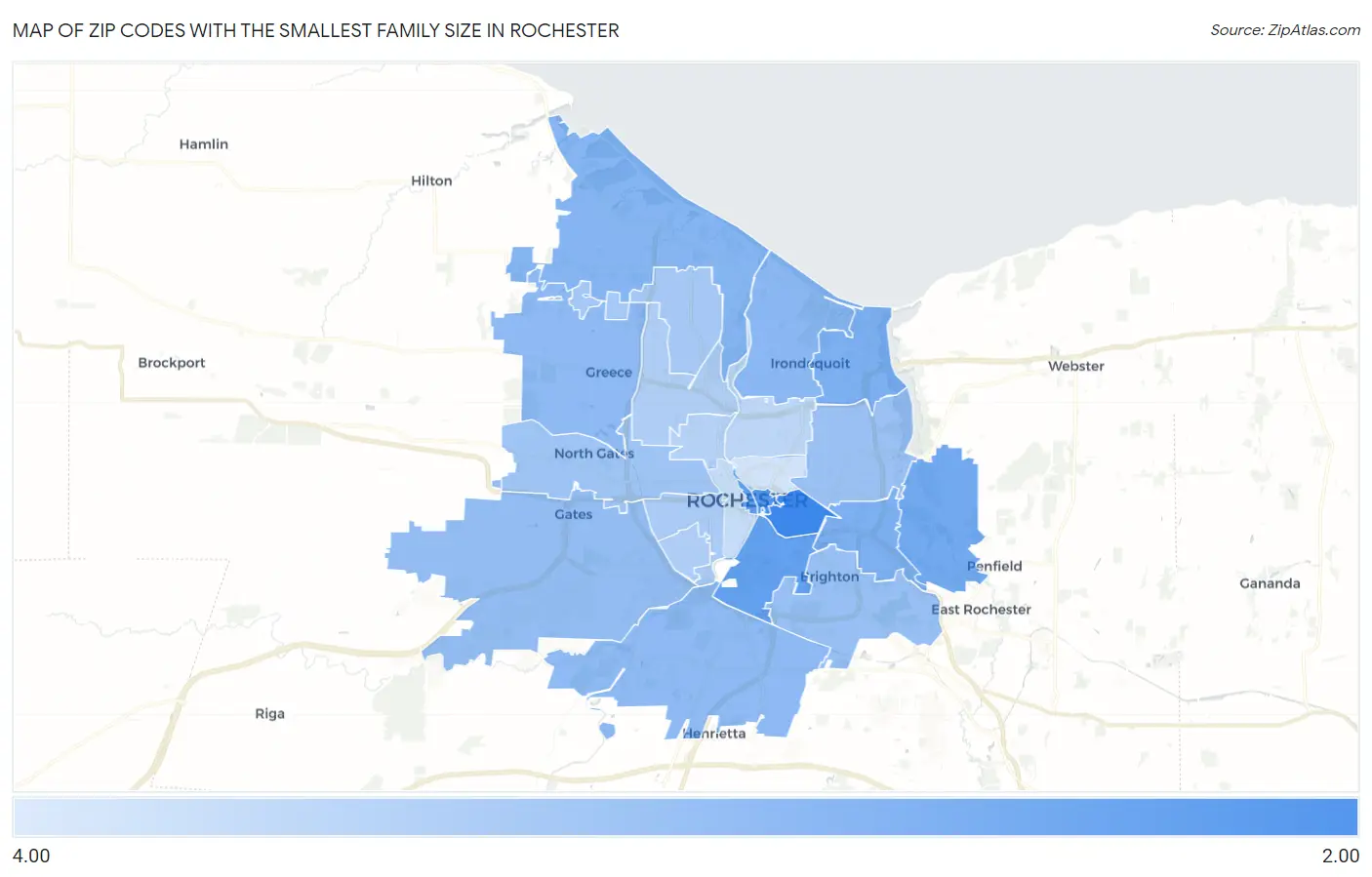 Zip Codes with the Smallest Family Size in Rochester Map