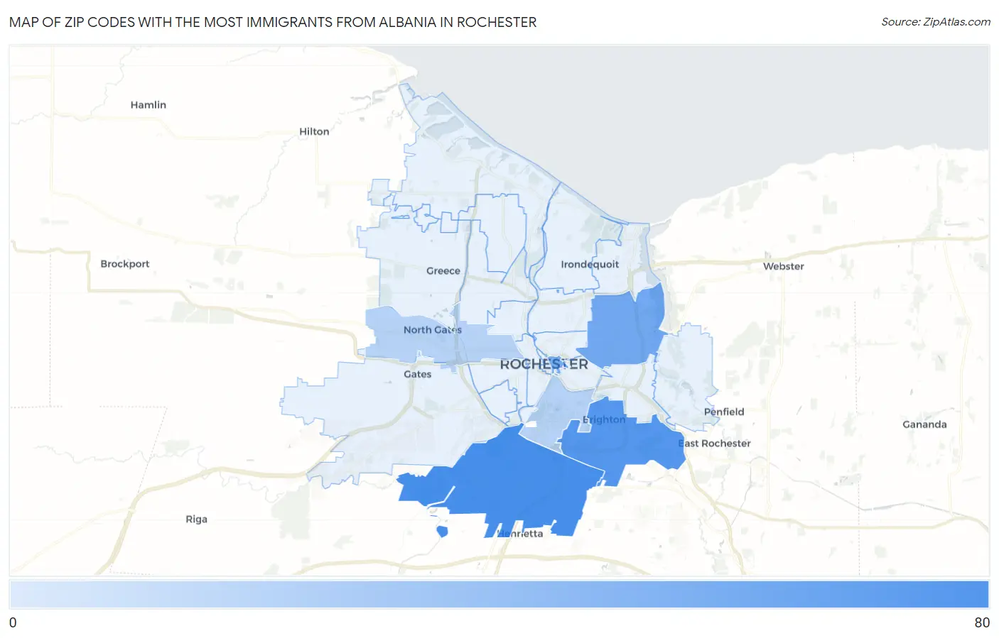 Zip Codes with the Most Immigrants from Albania in Rochester Map