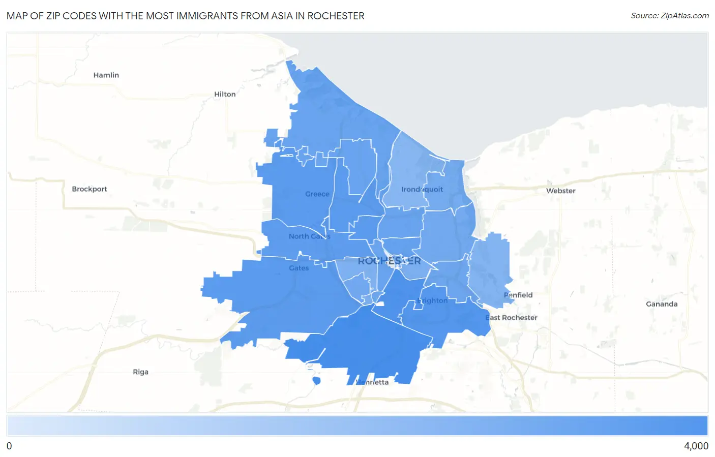Zip Codes with the Most Immigrants from Asia in Rochester Map