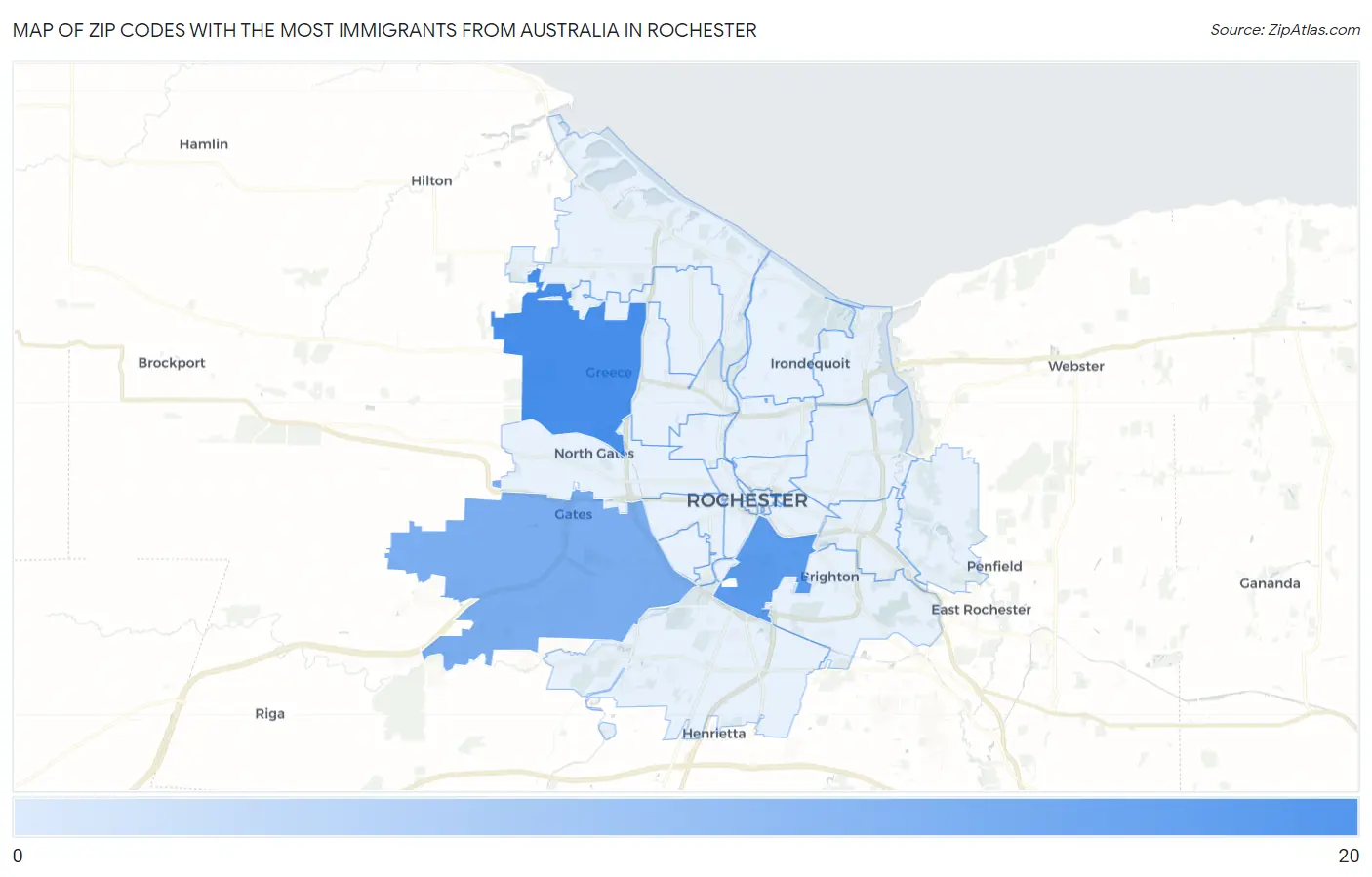 Zip Codes with the Most Immigrants from Australia in Rochester Map