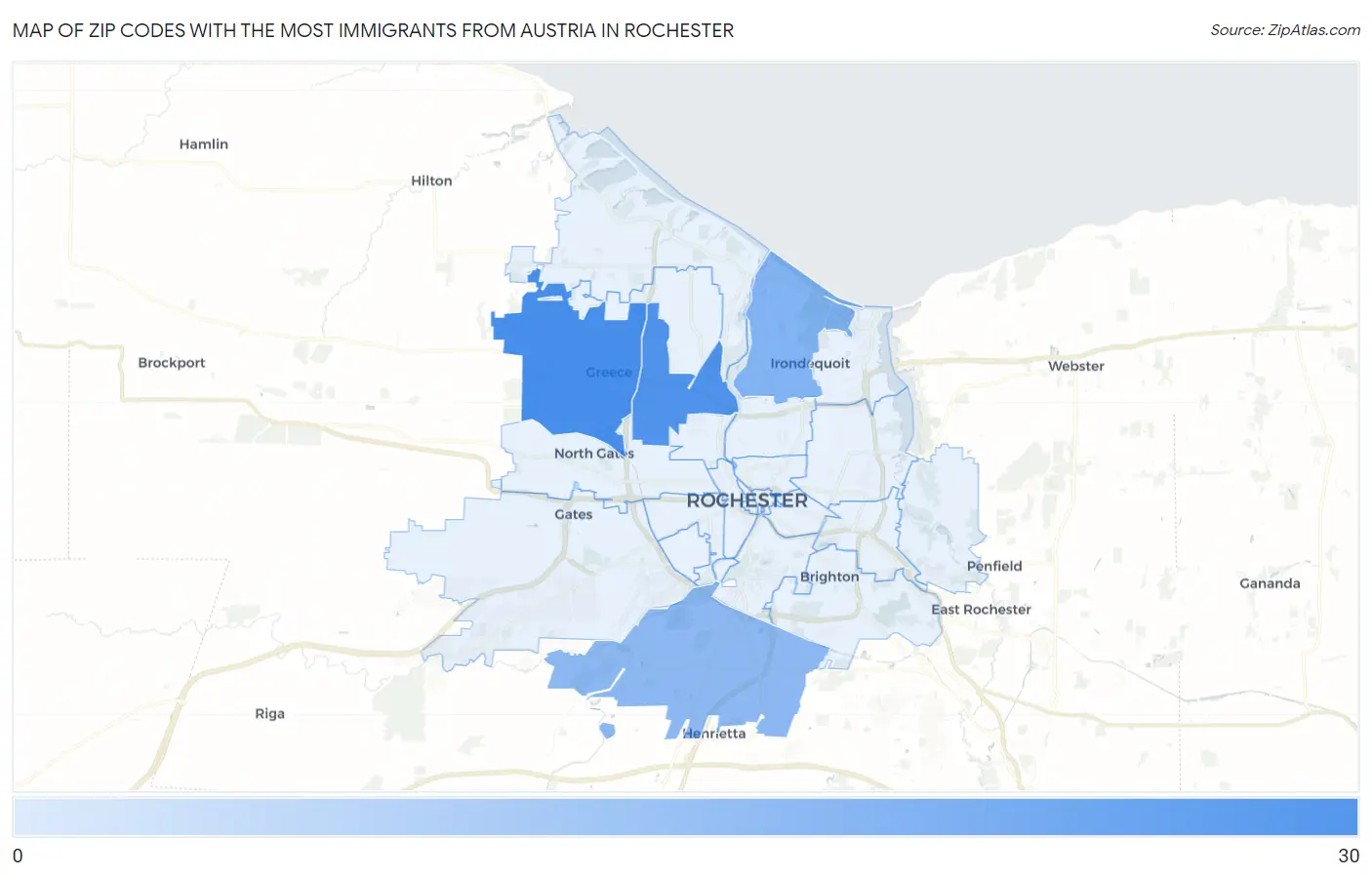 Zip Codes with the Most Immigrants from Austria in Rochester Map