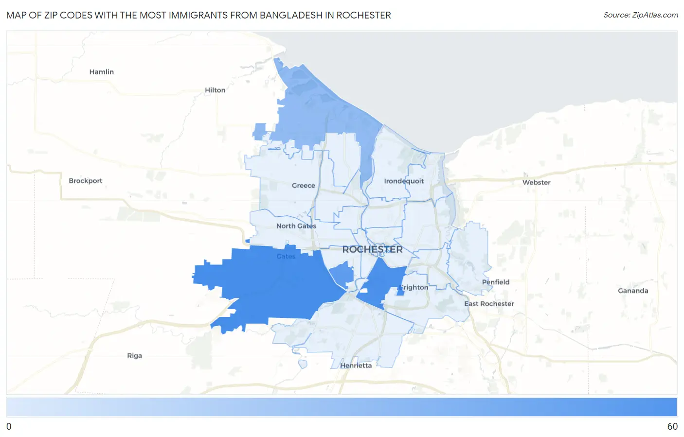 Zip Codes with the Most Immigrants from Bangladesh in Rochester Map