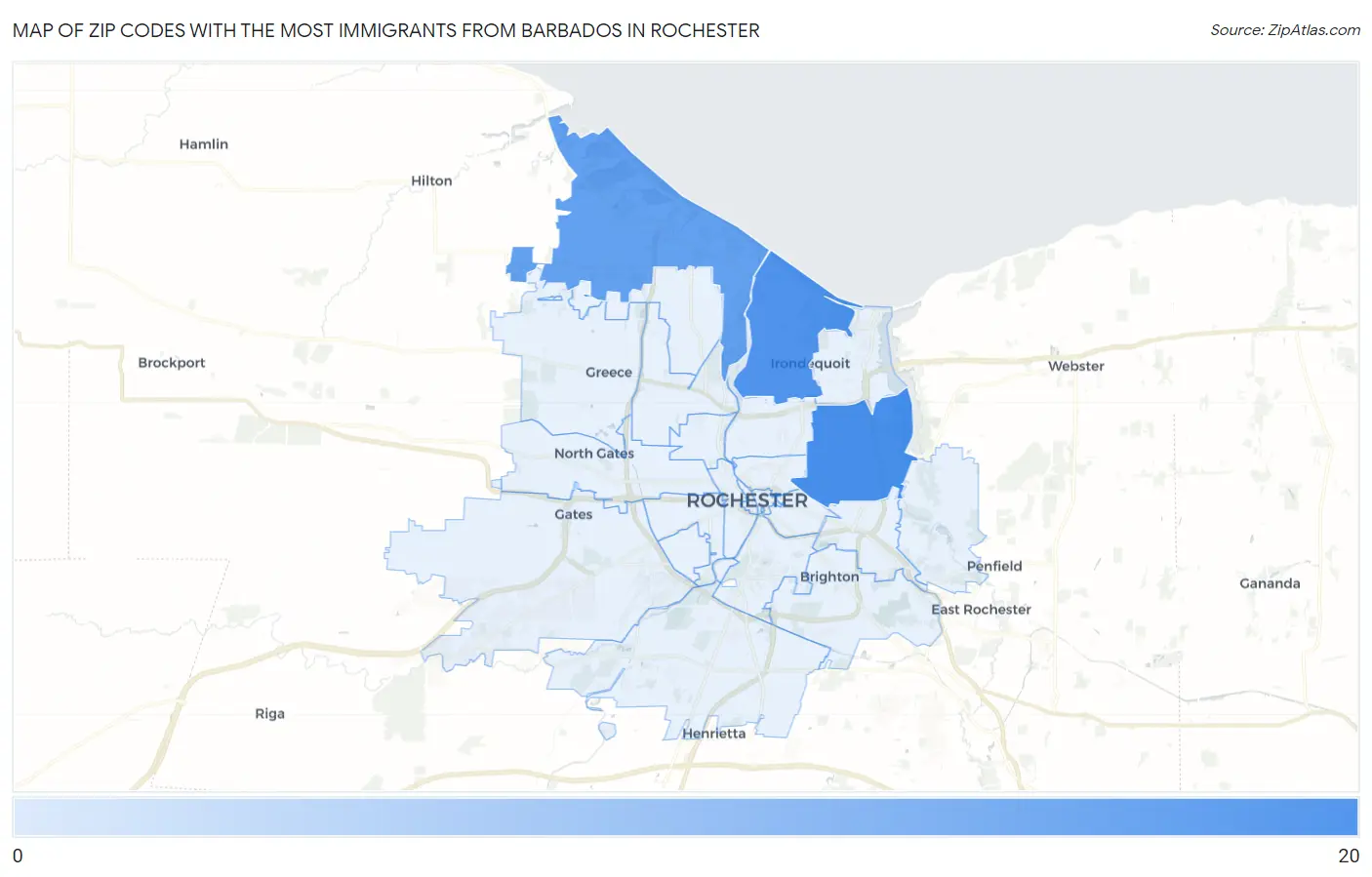 Zip Codes with the Most Immigrants from Barbados in Rochester Map