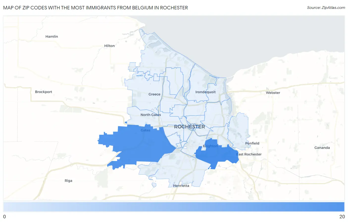 Zip Codes with the Most Immigrants from Belgium in Rochester Map