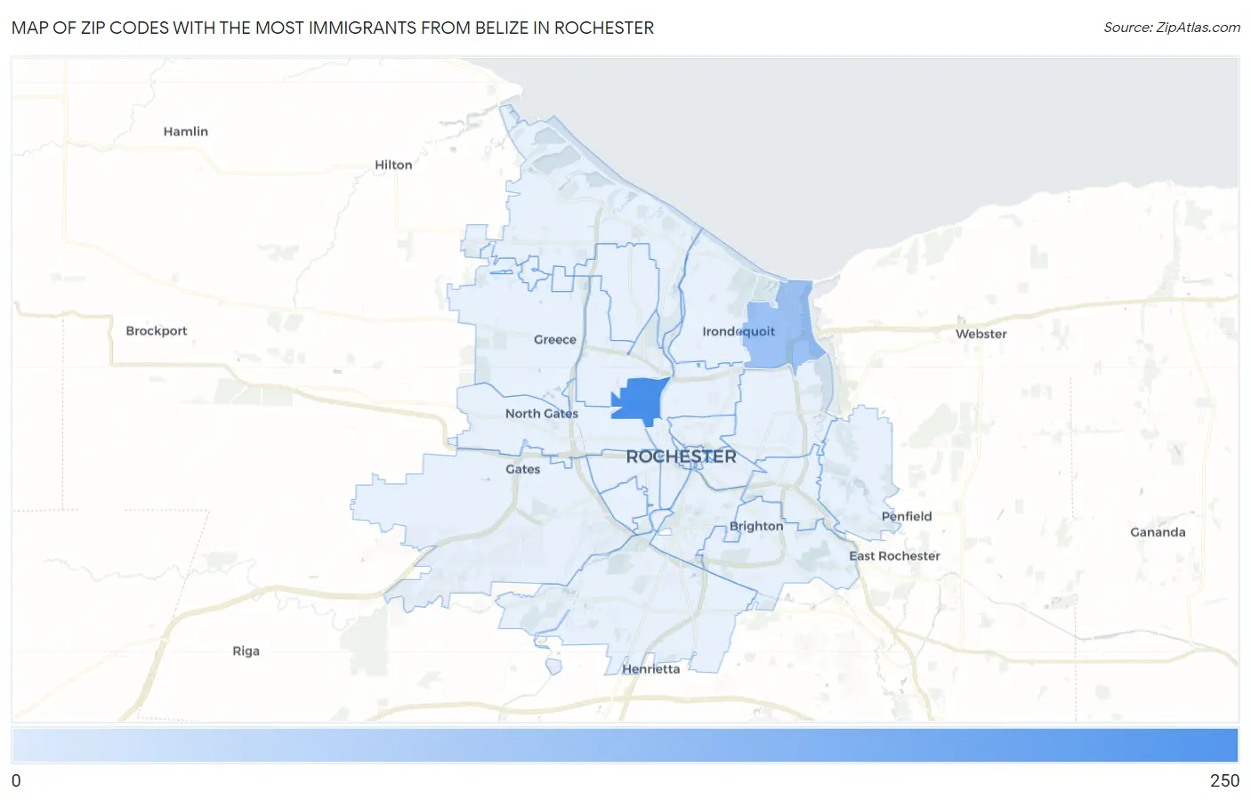 Zip Codes with the Most Immigrants from Belize in Rochester Map