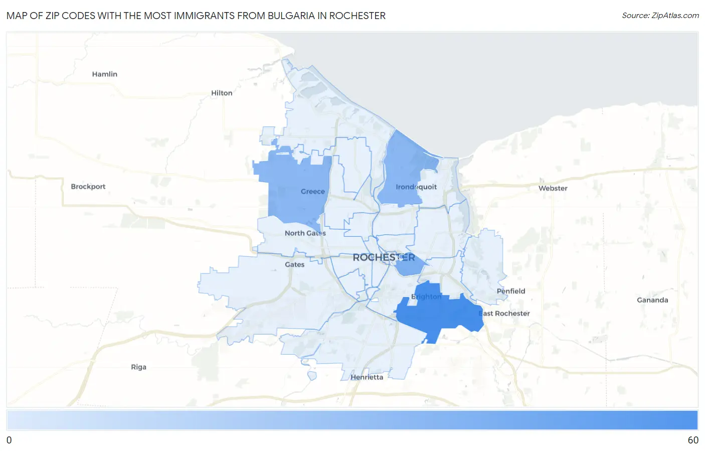 Zip Codes with the Most Immigrants from Bulgaria in Rochester Map
