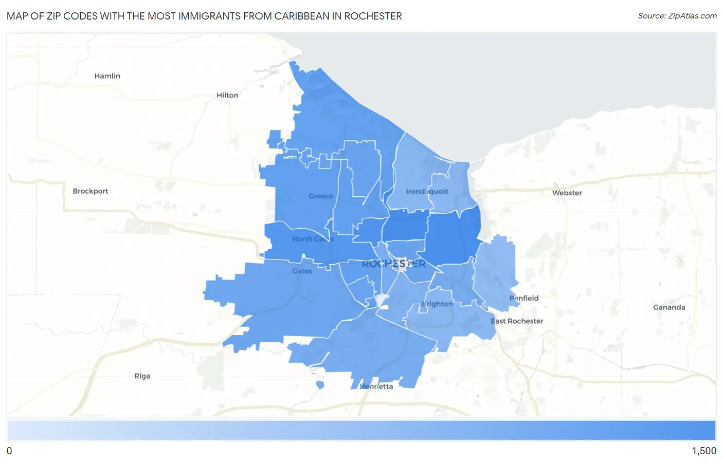 Zip Codes with the Most Immigrants from Caribbean in Rochester Map