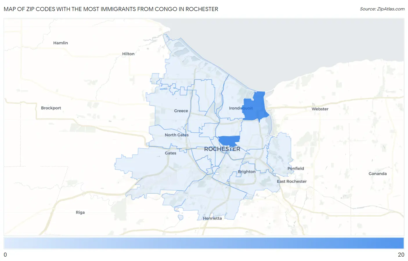 Zip Codes with the Most Immigrants from Congo in Rochester Map
