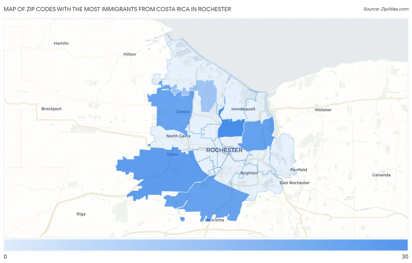 Zip Codes with the Most Immigrants from Costa Rica in Rochester Map