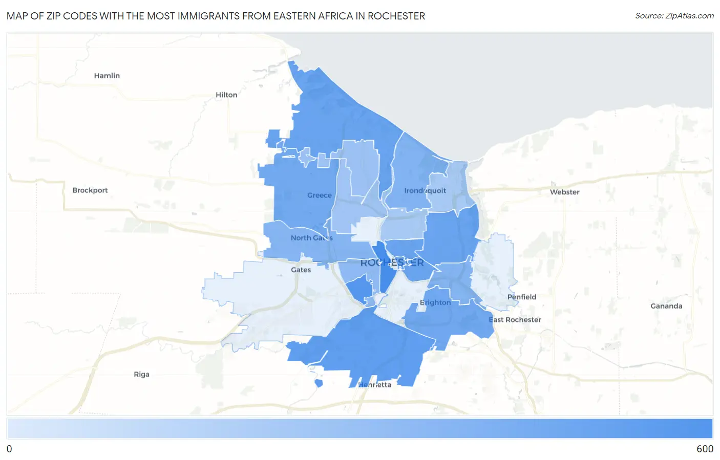 Zip Codes with the Most Immigrants from Eastern Africa in Rochester Map