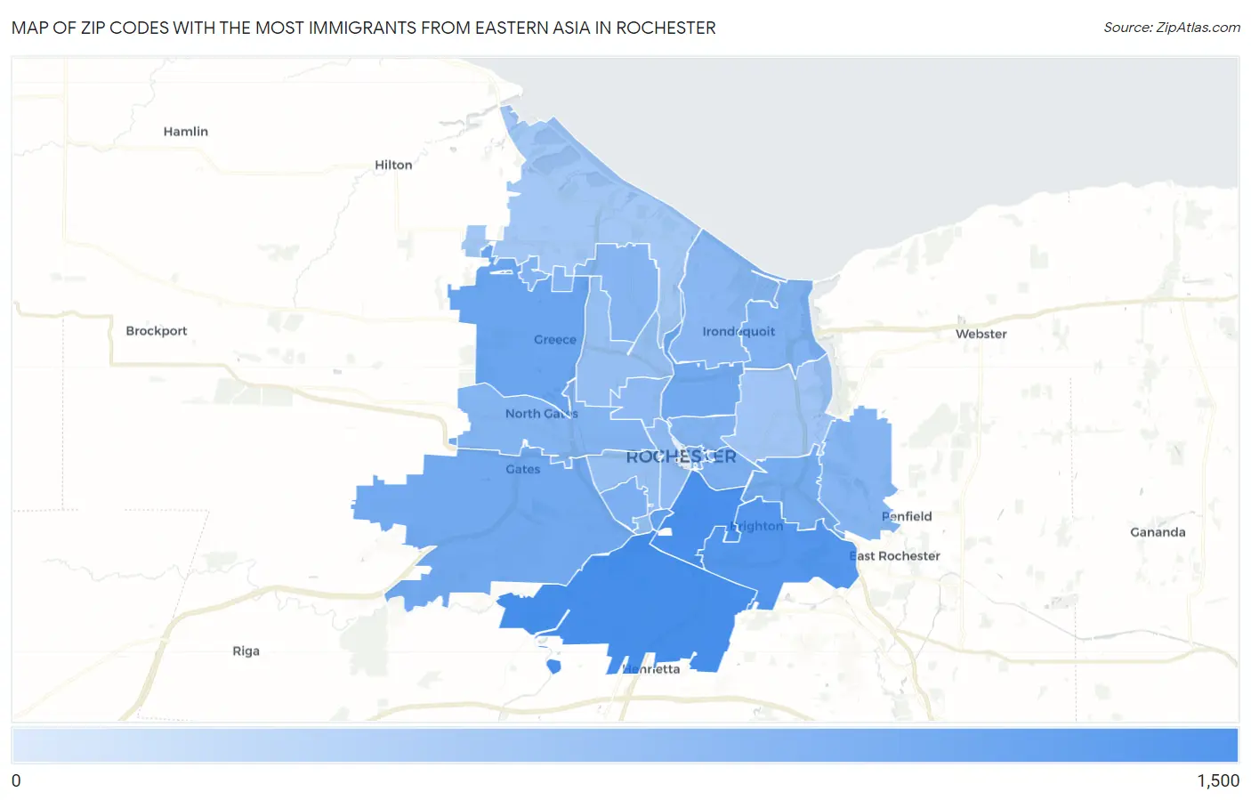 Zip Codes with the Most Immigrants from Eastern Asia in Rochester Map
