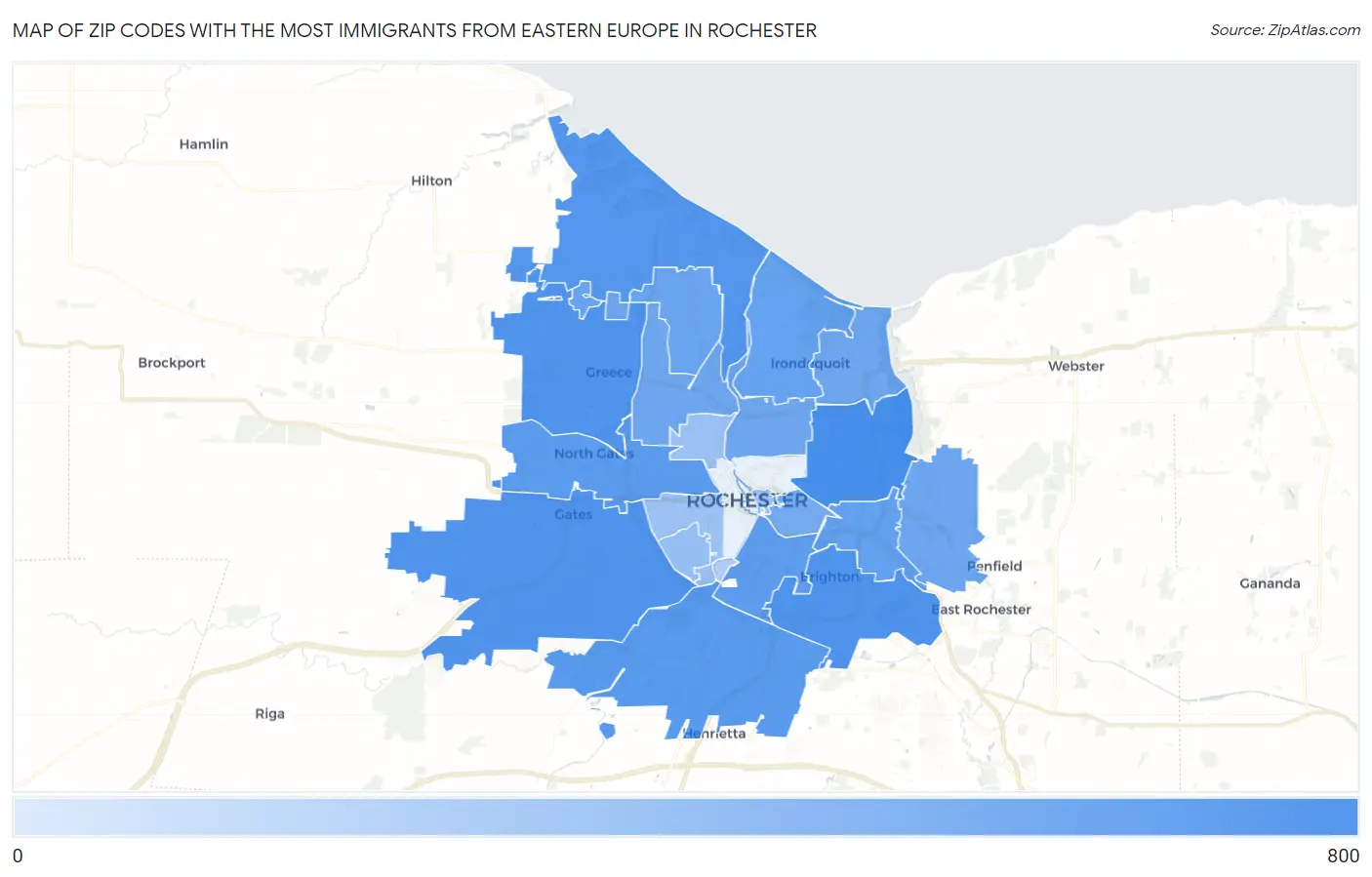 Zip Codes with the Most Immigrants from Eastern Europe in Rochester Map