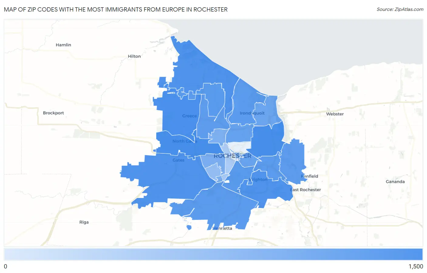 Zip Codes with the Most Immigrants from Europe in Rochester Map