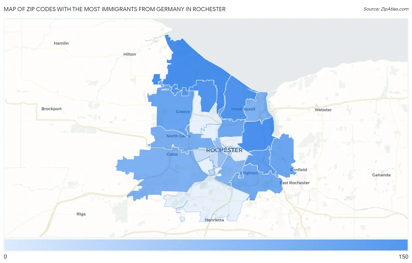 Zip Codes with the Most Immigrants from Germany in Rochester Map