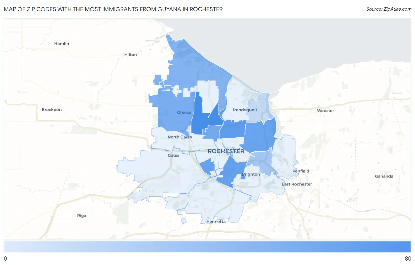 Zip Codes with the Most Immigrants from Guyana in Rochester Map