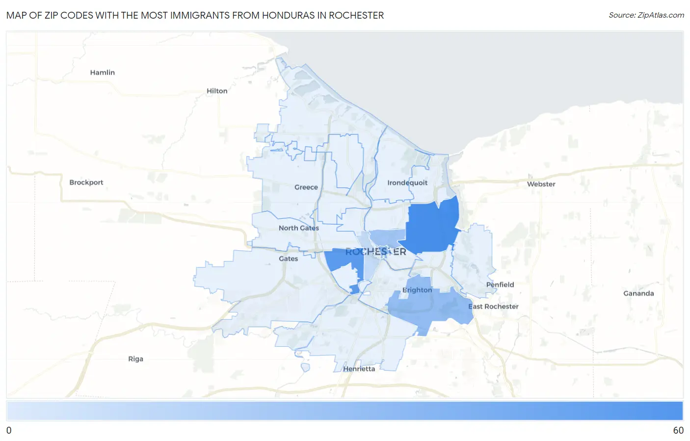 Zip Codes with the Most Immigrants from Honduras in Rochester Map