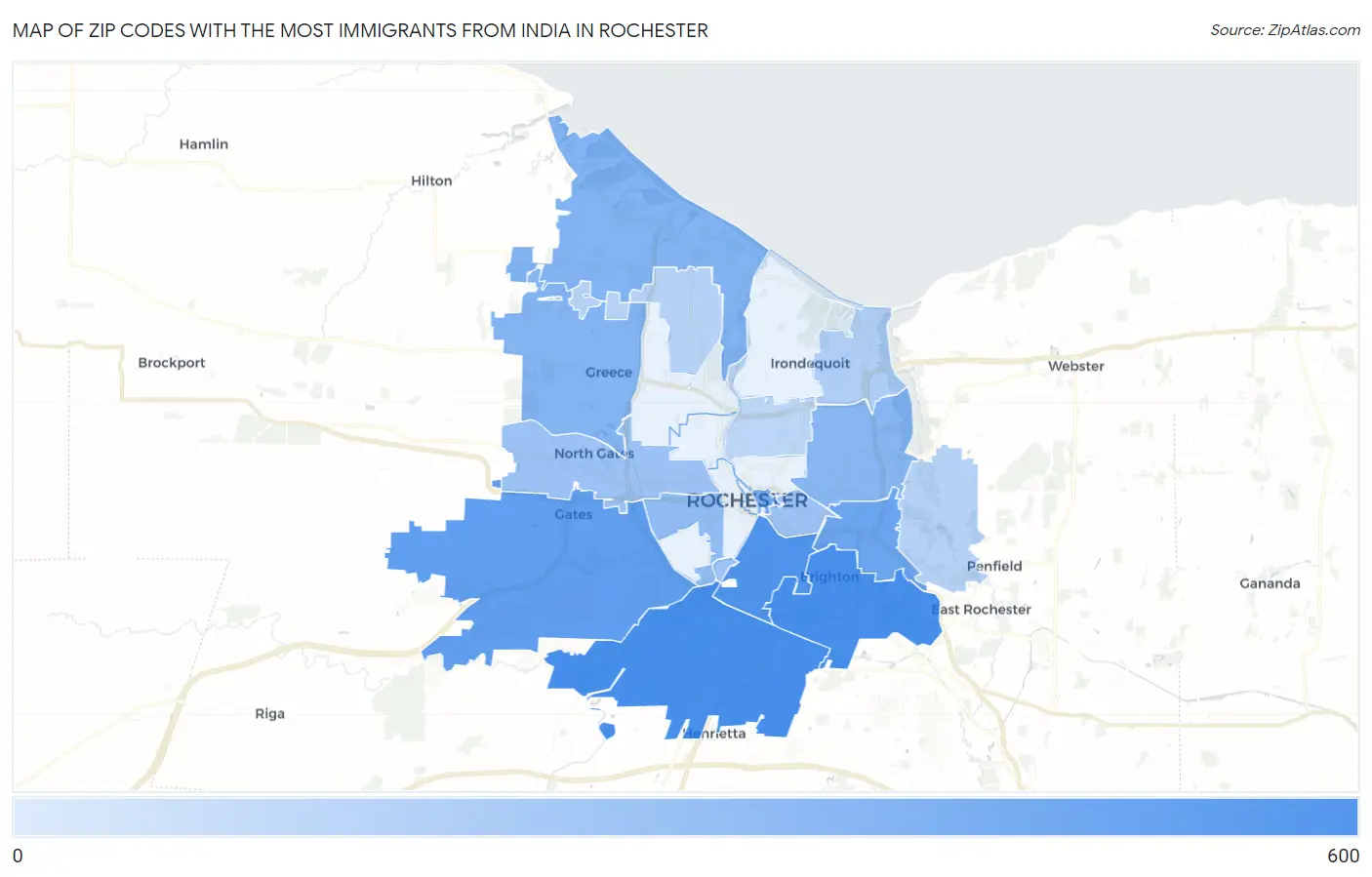 Zip Codes with the Most Immigrants from India in Rochester Map