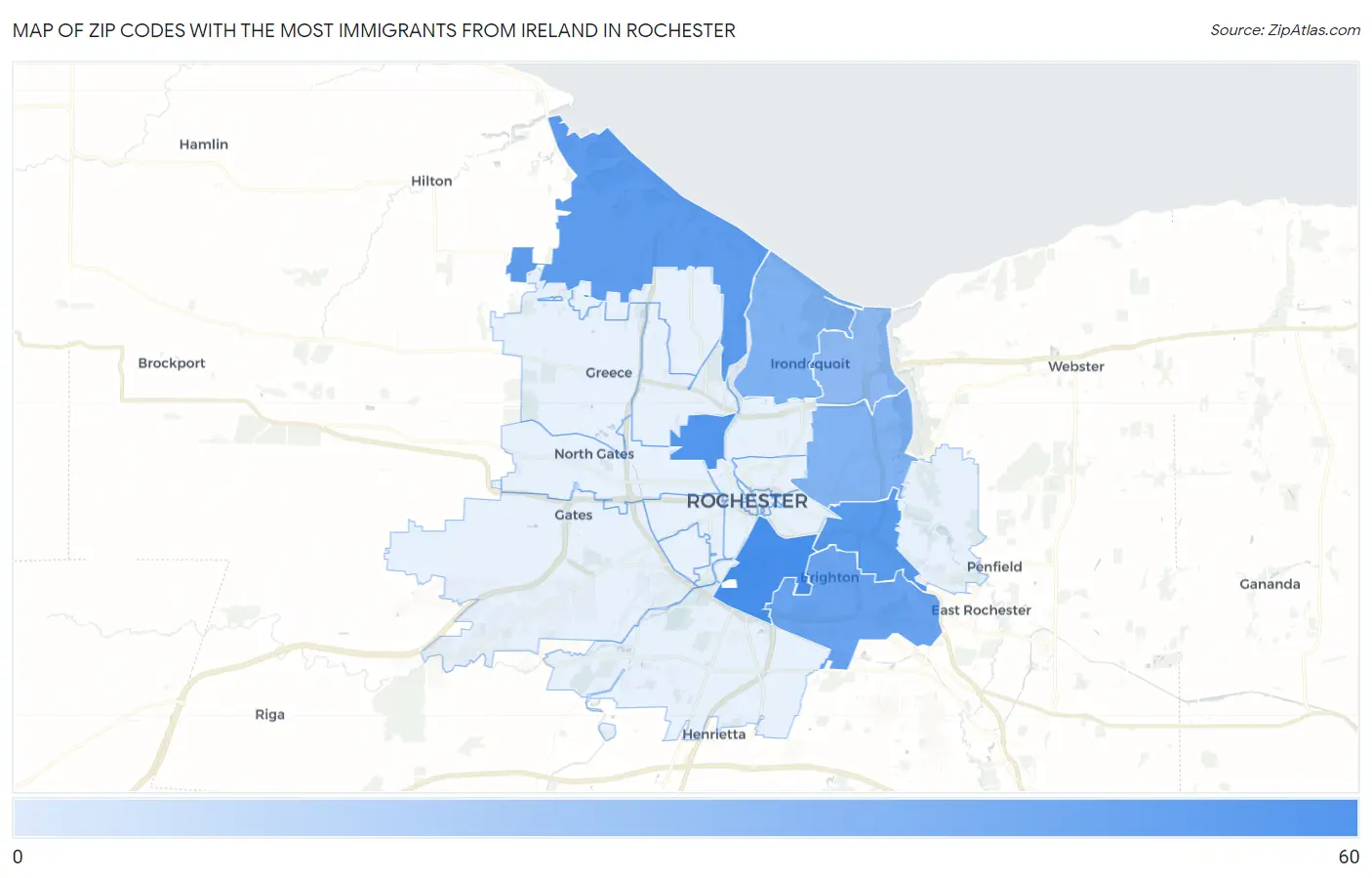Zip Codes with the Most Immigrants from Ireland in Rochester Map