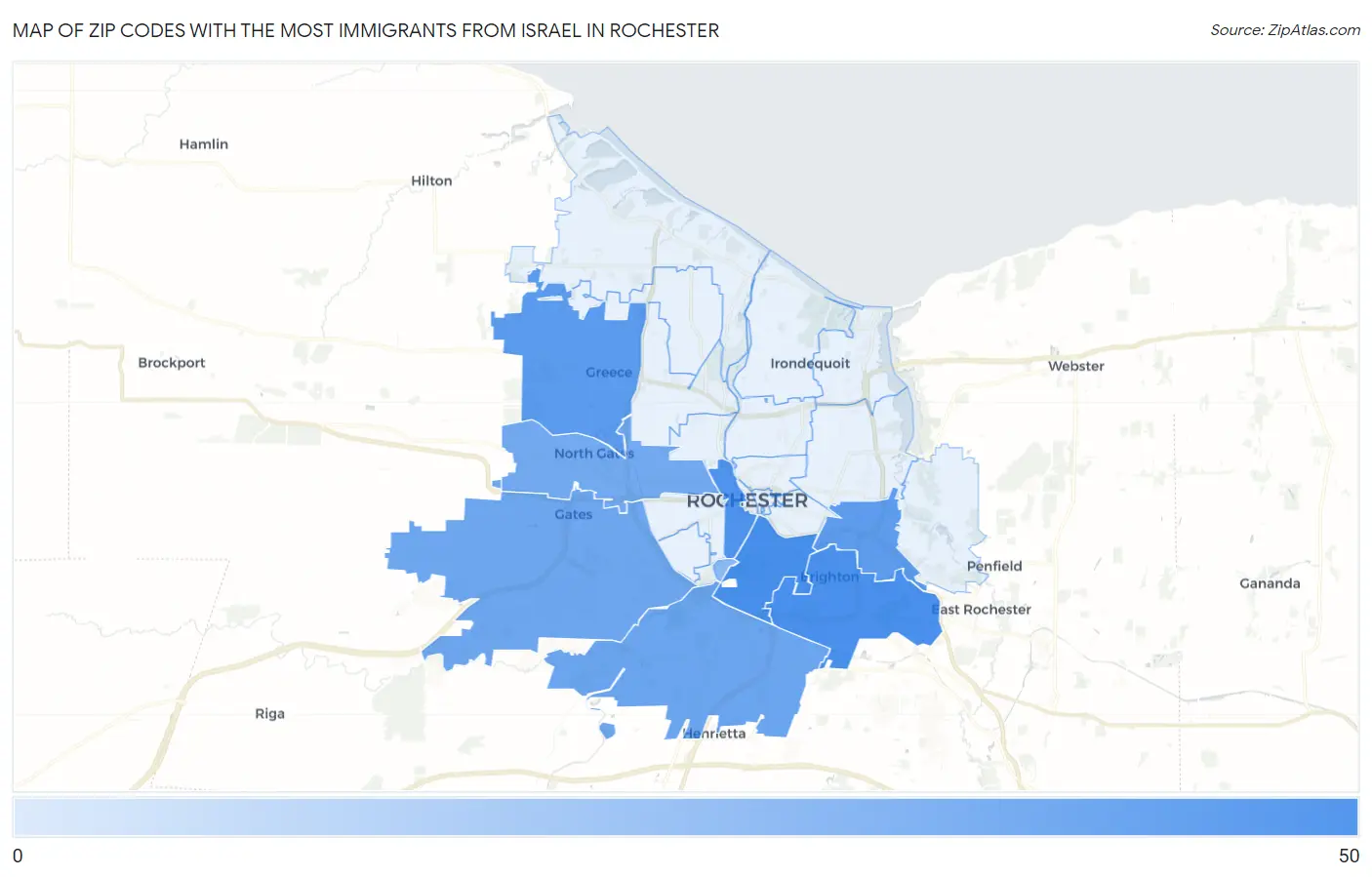 Zip Codes with the Most Immigrants from Israel in Rochester Map